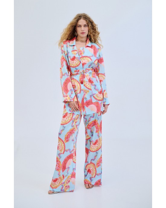 Iraida Goldray Light Blue Satin Set Kimono & Παντελόνι