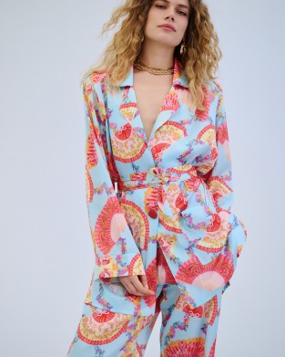 Iraida Goldray Light Blue Satin Set Kimono & Παντελόνι