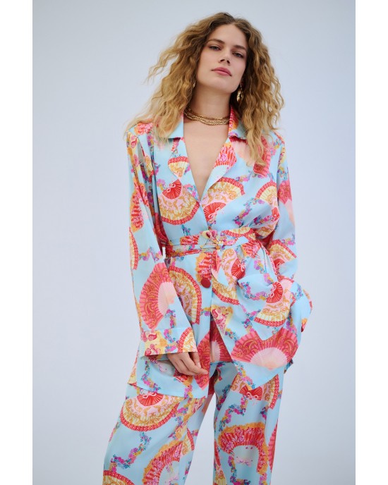 Iraida Goldray Light Blue Satin Set Kimono & Παντελόνι