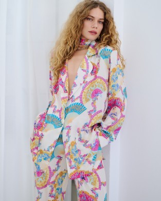 Iraida Goldray White Satin Set Kimono & Παντελόνι