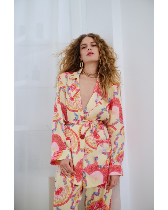 Iraida Goldray Yellow Satin Set Kimono & Παντελόνι