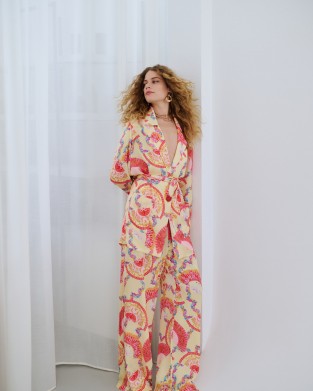 Iraida Goldray Yellow Satin Set Kimono & Παντελόνι