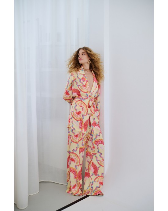 Iraida Goldray Yellow Satin Set Kimono & Παντελόνι