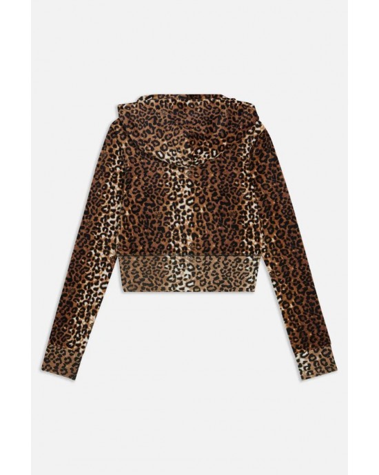 Juicy Couture Leopard Print Crop Zip Velour Φούτερ Με Κουκούλα
