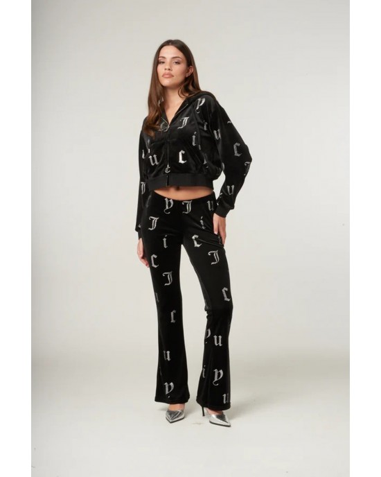 Juicy Couture Black Velour All Over Diamante Cropped Ζακέτα Φόρμας