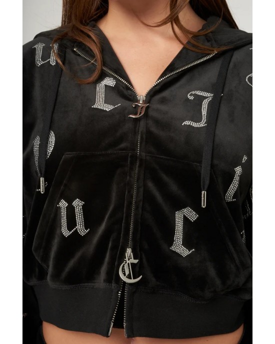 Juicy Couture Black Velour All Over Diamante Cropped Ζακέτα Φόρμας