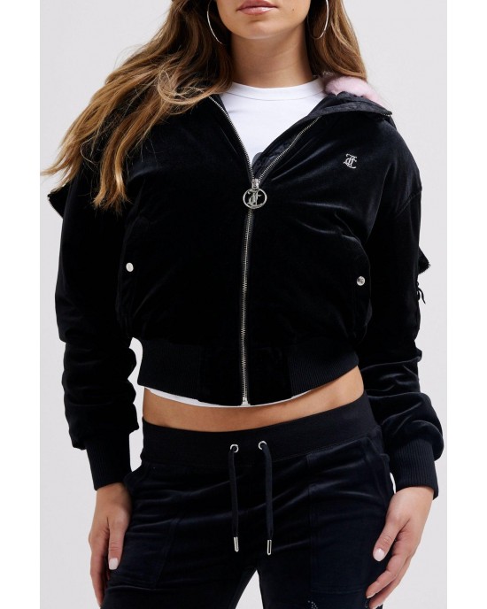 Juicy Couture Fur Rydell Black Velour Diamante Bomber Μπουφάν