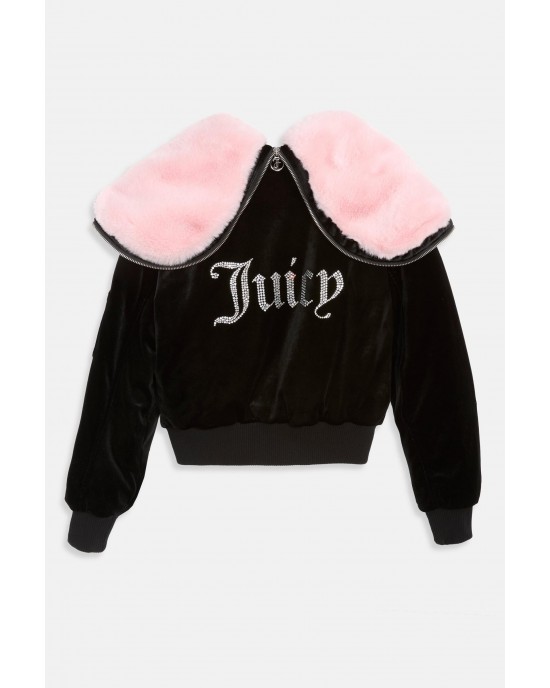 Juicy Couture Fur Rydell Black Velour Diamante Bomber Μπουφάν