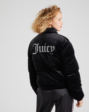 Juicy Couture Margo Black Velour Diamante Puffer Μπουφάν