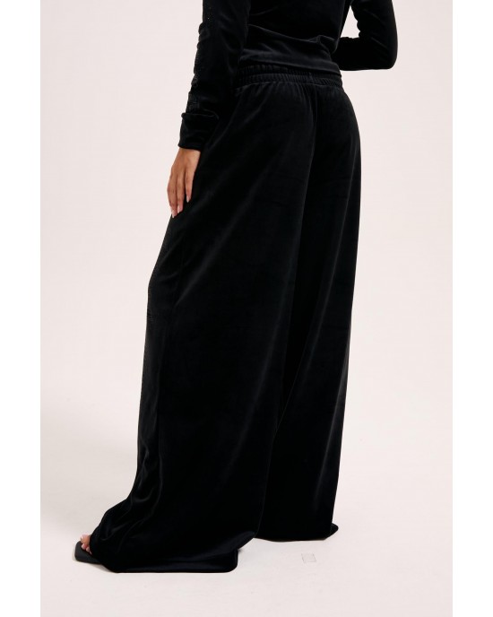 Juicy Couture Cheviot Black Cuffed Outline Diamante Wide Leg Παντελόνι Juicy Couture Cheviot Black Cuffed Outline Diamante Wide Leg Παντελόνι