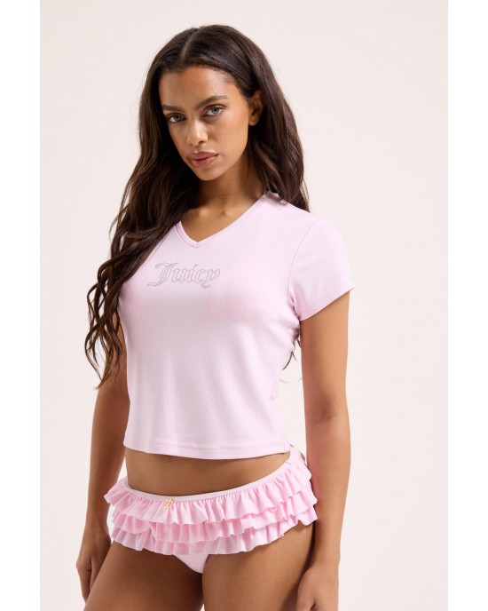Juicy Couture V-Neck Diamante T-shirt Cherry Blossom Μπλούζα