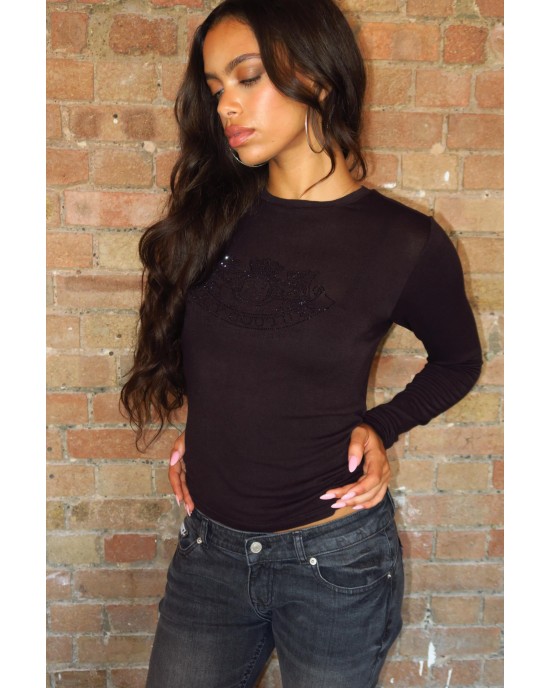 Juicy Couture Diamanté Dog Crest Long Sleeve Black Μπλούζα