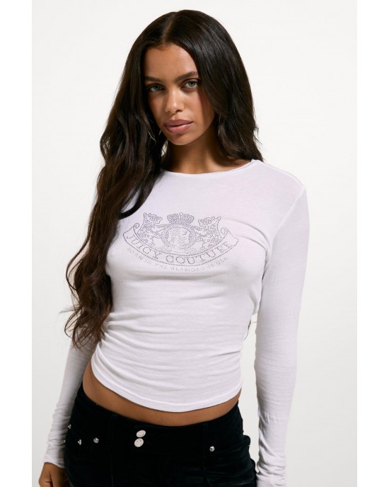 Juicy Couture Diamanté Dog Crest Long Sleeve White Μπλούζα