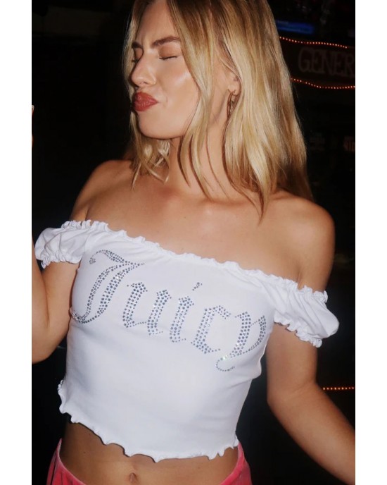 Juicy Couture Brodie White Bardot Diamante Jersey Crop Μπλούζα