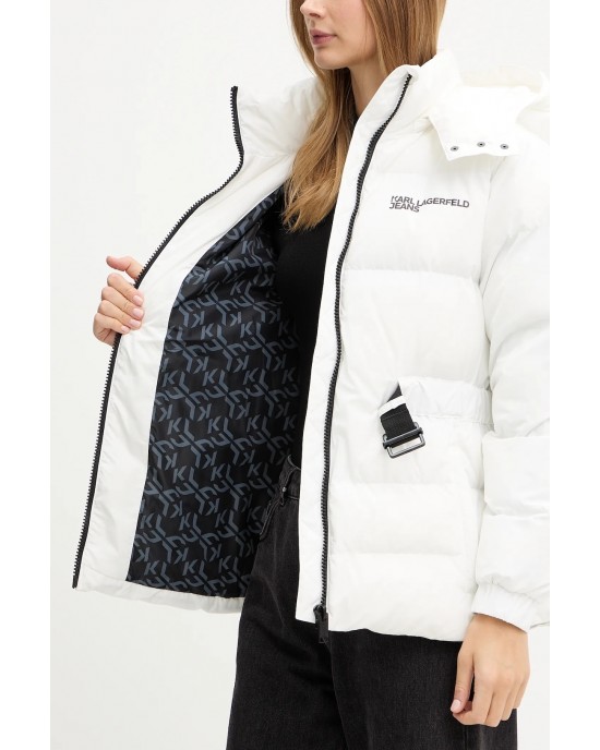Karl Lagerfeld Belted Puffer White Μπουφάν