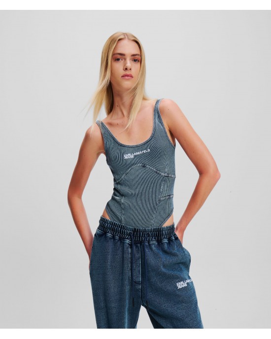 Karl Lagerfeld Ribbed Acid-Washed Body Blue Indigo Μπλούζα