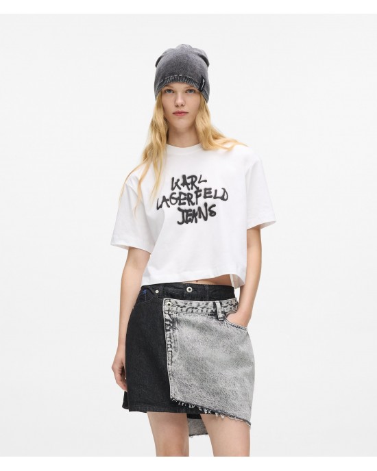 Karl Lagerfeld Cropped Graffiti White Κοντομάνικη Μπλούζα