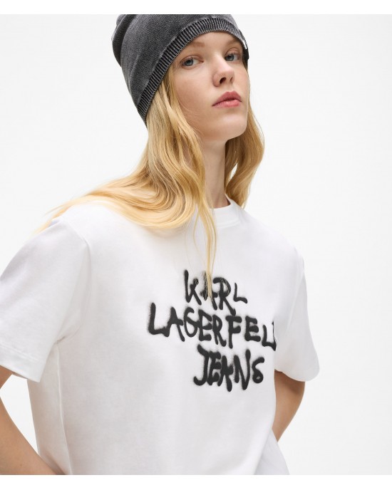 Karl Lagerfeld Cropped Graffiti White Κοντομάνικη Μπλούζα