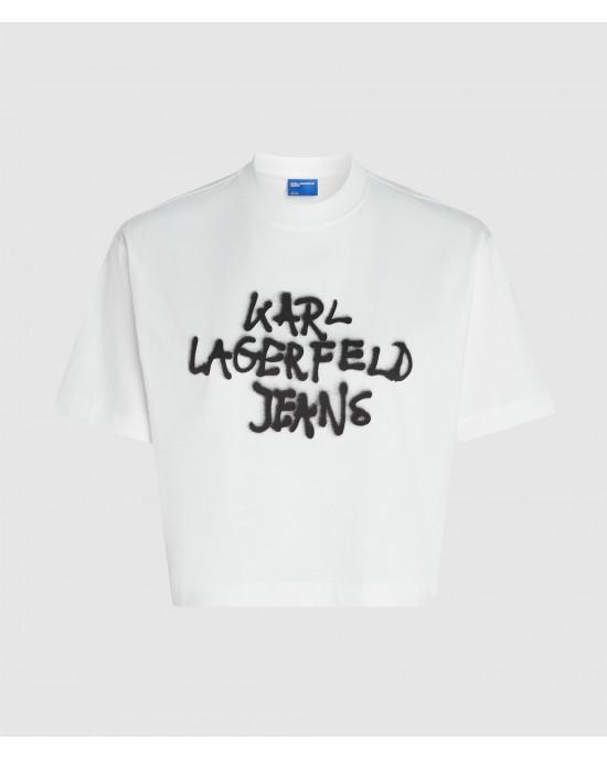 Karl Lagerfeld Cropped Graffiti White Κοντομάνικη Μπλούζα