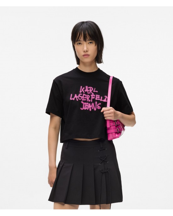Karl Lagerfeld Cropped Graffiti Black Κοντομάνικη Μπλούζα