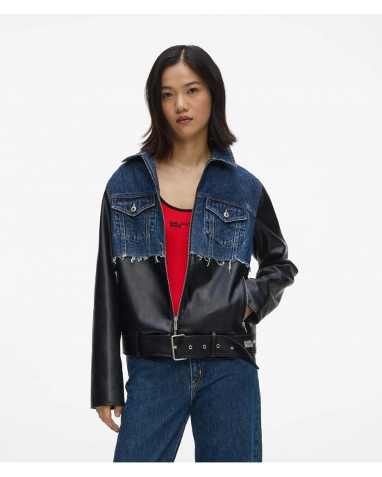 Karl Lagerfeld Jeans Faux-leather & Denim Washed Dark Τζάκετ