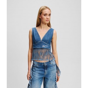 Karl Lagerfeld Fringed Stone Washed Mid Blue Denim Τοπ