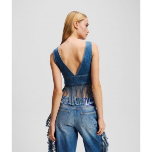Karl Lagerfeld Fringed Stone Washed Mid Blue Denim Τοπ