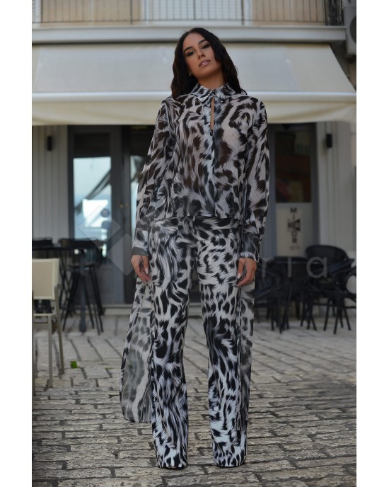 Kramma Animal Print Black/White Open Back Longsleeve Tailed Πουκάμισο