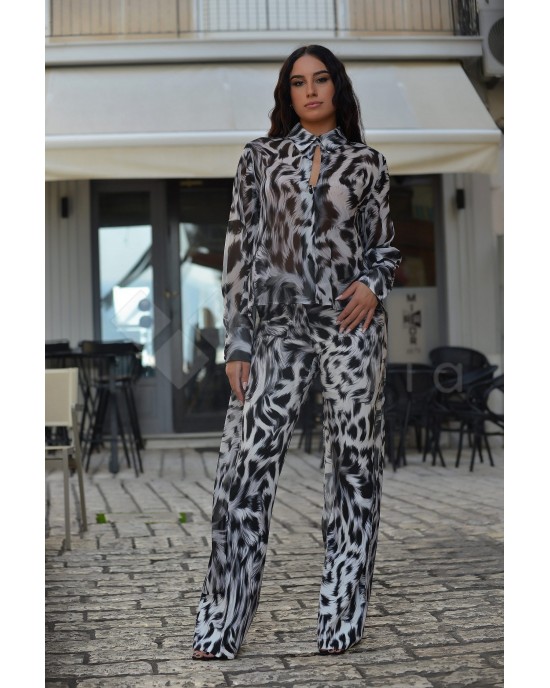 Kramma Animal Print Black/White Open Back Longsleeve Tailed Πουκάμισο