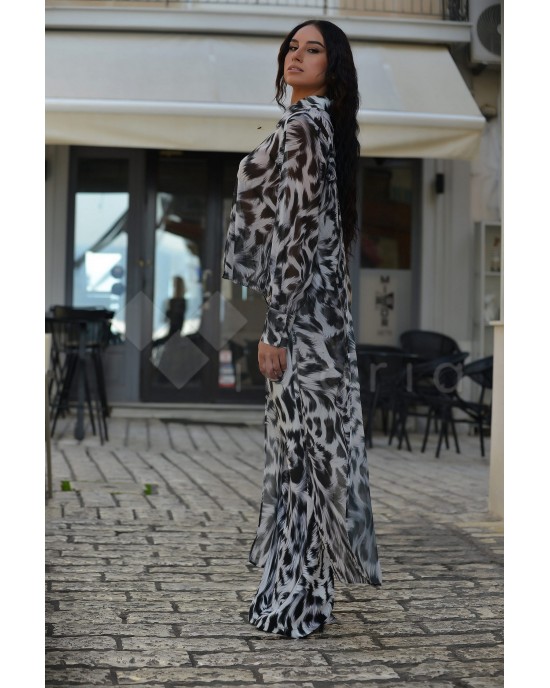 Kramma Animal Print Black/White Open Back Longsleeve Tailed Πουκάμισο