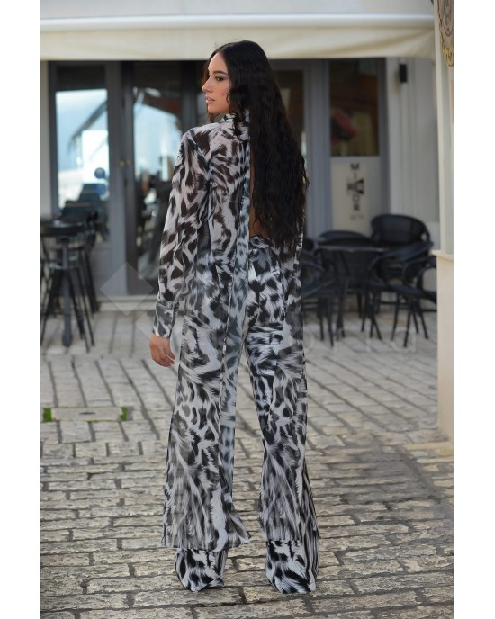 Kramma Animal Print Black/White Open Back Longsleeve Tailed Πουκάμισο