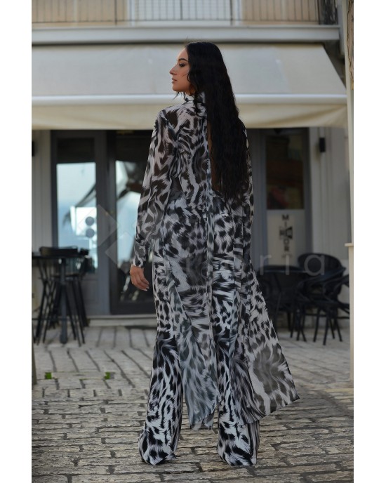 Kramma Animal Print Black/White Open Back Longsleeve Tailed Πουκάμισο