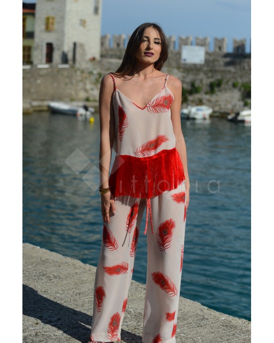 Kramma Μπλούζα Με Κρόσσια & Παντελόνι Με Λάστιχο Στη Μέση Κόκκινο