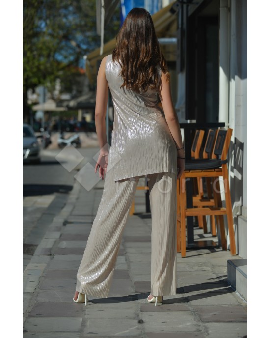 Kramma Shimmer Pleated Cream Sleeveless Μπλούζα/Φόρεμα & Παντελόνι