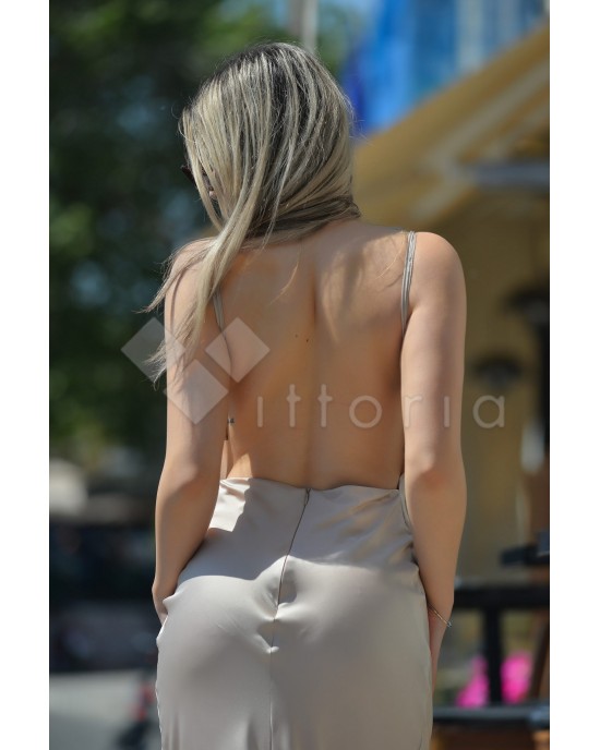 Kramma Drape Open Back Satin Maxi Beige Φόρεμα