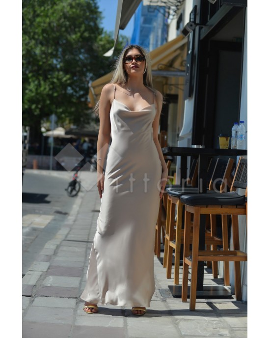 Kramma Drape Open Back Satin Maxi Beige Φόρεμα