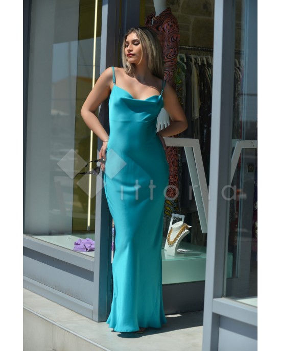 Kramma Drape Open Back Satin Maxi Turquoise Φόρεμα