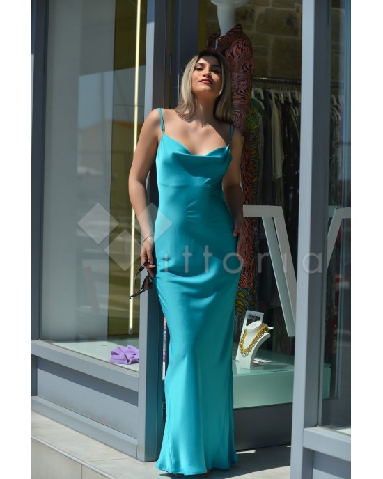 Kramma Drape Open Back Satin Maxi Turquoise Φόρεμα