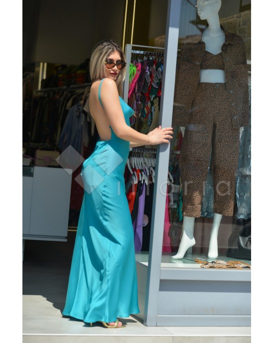 Kramma Drape Open Back Satin Maxi Turquoise Φόρεμα