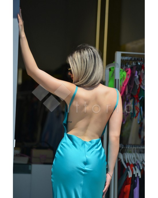 Kramma Drape Open Back Satin Maxi Turquoise Φόρεμα