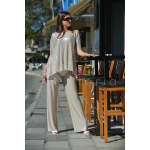 Kramma Shimmer Pleated Cream Μπλούζα & Παντελόνι