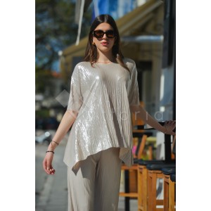 Kramma Shimmer Pleated Cream Μπλούζα & Παντελόνι