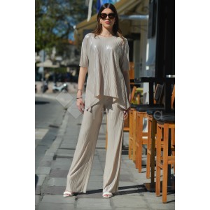 Kramma Shimmer Pleated Cream Μπλούζα & Παντελόνι