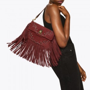 Kurt Geiger Oxford Glasto Fringe Wine Suede Τσάντα Ώμου