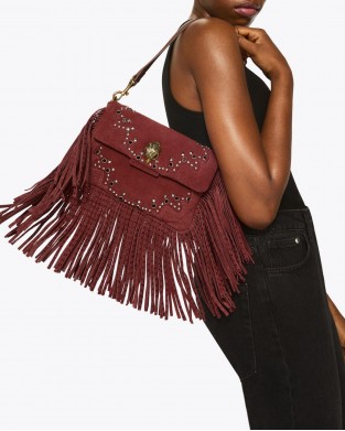 Kurt Geiger Oxford Glasto Fringe Wine Suede Τσάντα Ώμου