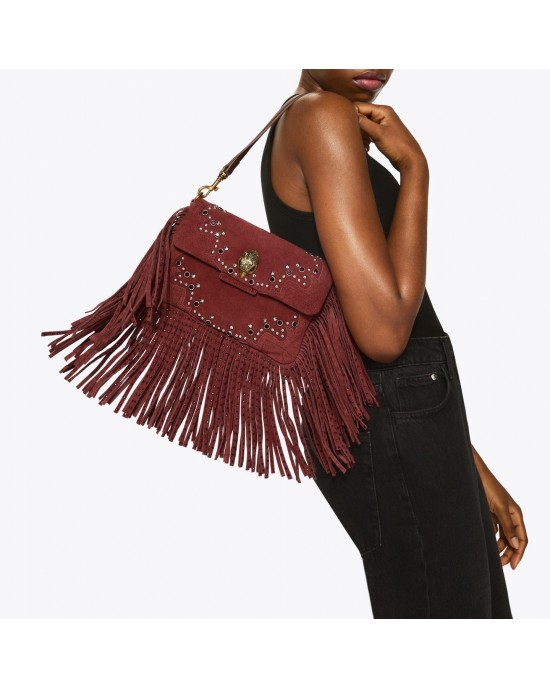 Kurt Geiger Oxford Glasto Fringe Wine Suede Τσάντα Ώμου