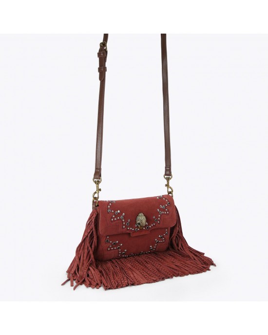 Kurt Geiger Oxford Glasto Fringe Wine Suede Τσάντα Ώμου