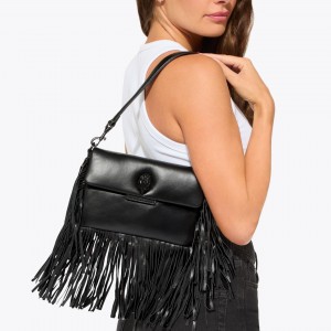 Kurt Geiger Oxford Glasto Fringe Black Leather Τσάντα Ώμου