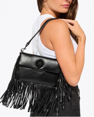 Kurt Geiger Oxford Glasto Fringe Black Leather Τσάντα Ώμου