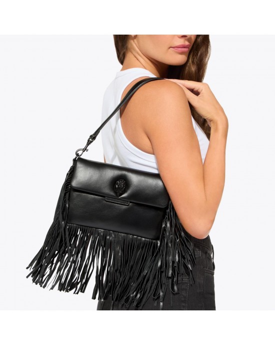 Kurt Geiger Oxford Glasto Fringe Black Leather Τσάντα Ώμου